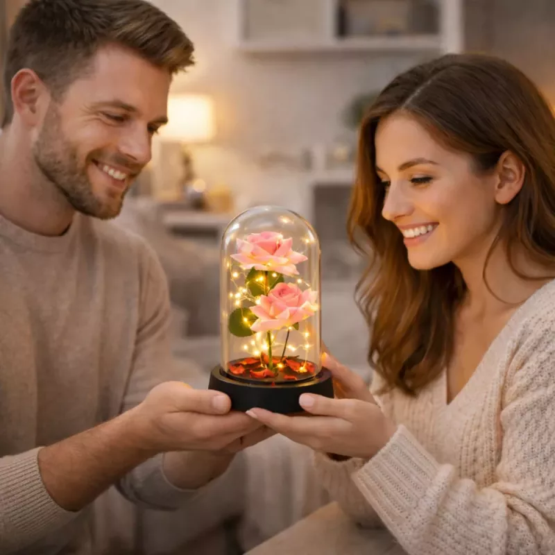 LEAN Rose eterne in campana con illuminazione LED e petali di rosa 21x11cm