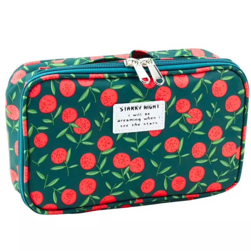 LEAN Astuccio scolastico organizer borsa cosmetici tasche ciliegie verde 22,5 cm