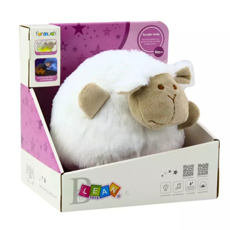 LEAN TOYS Pecora di peluche da compagnia per dormire con luce e suoni, bianco