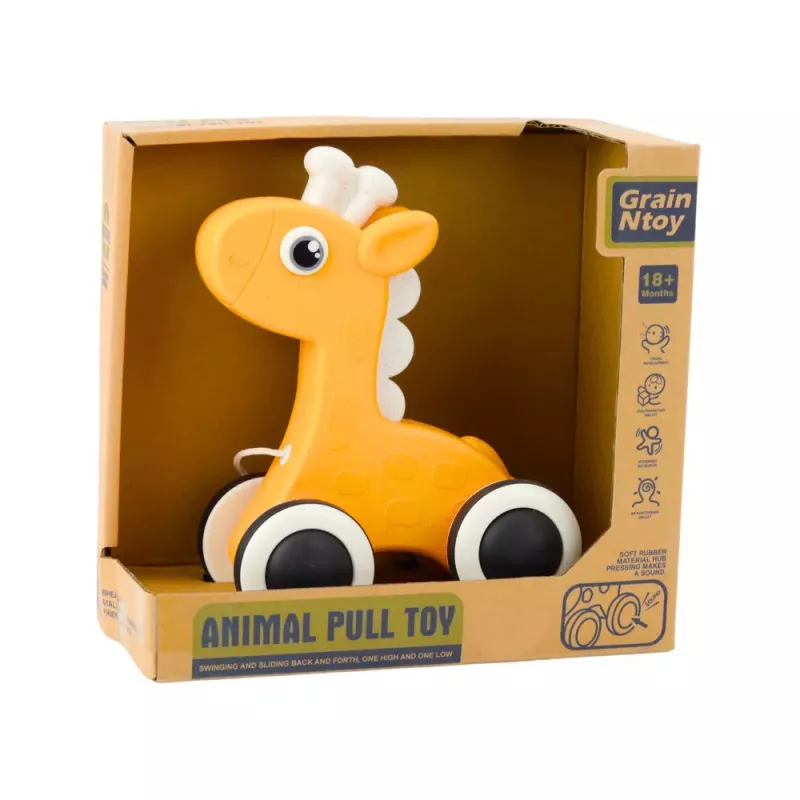 LEAN TOYS Giraffa giocattolo da trainare con corda squittio eco giallo