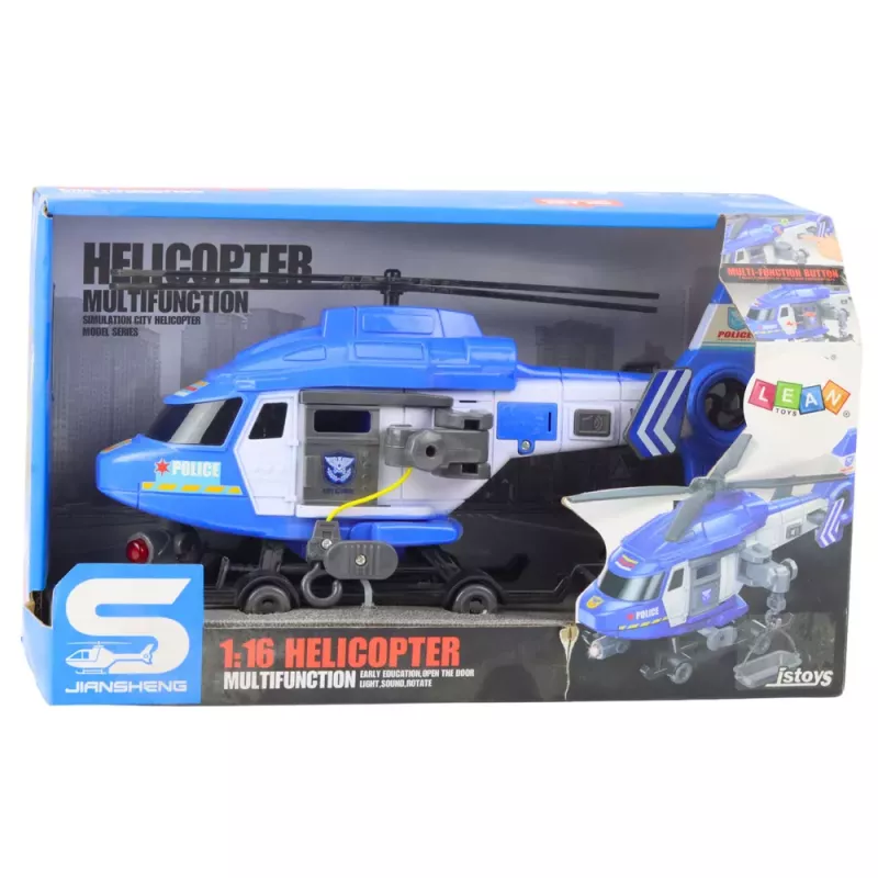 LEAN TOYS Elicottero della polizia con gancio, barella, luci e suoni, blu, 1:16