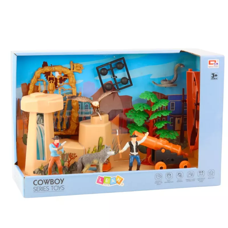 LEAN TOYS Set cowboy con figure, barca e cannone del selvaggio West