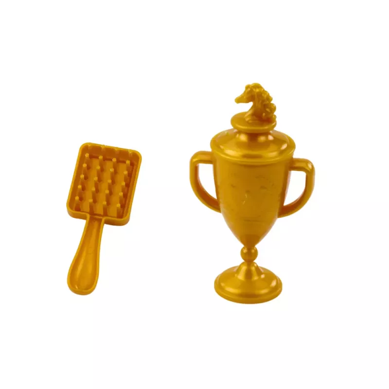 LEAN TOYS Set cura del cavallo con spazzola per criniera, bicchiere da sella e accessori, marrone