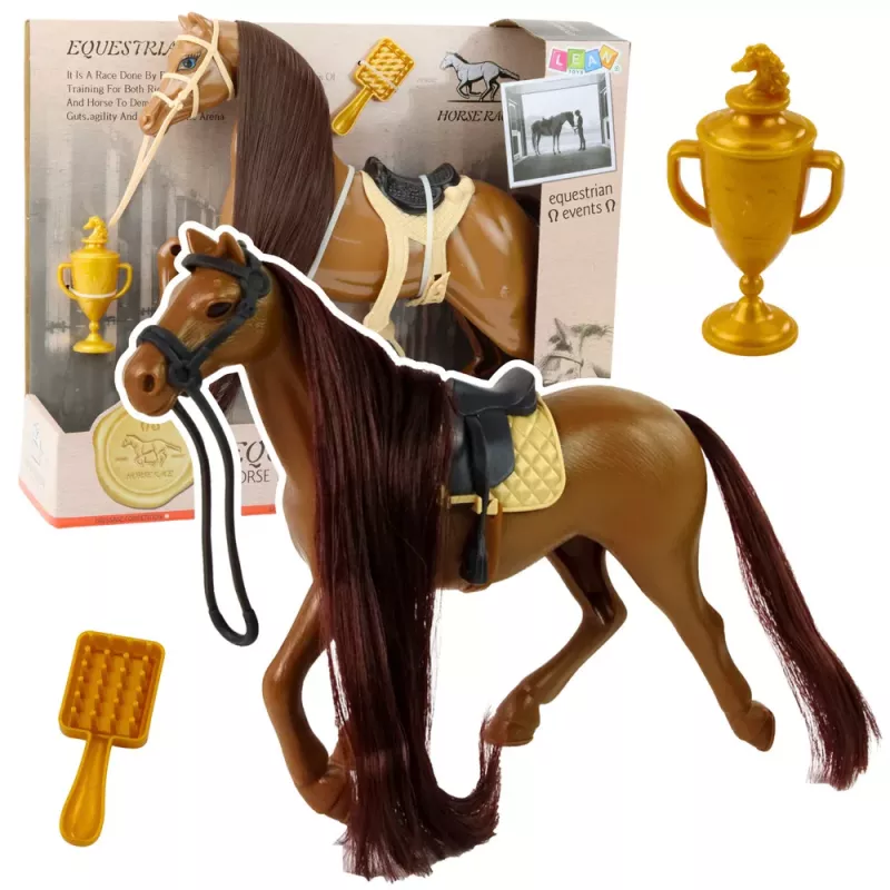 LEAN TOYS Set cura del cavallo con spazzola per criniera, bicchiere da sella e accessori, marrone