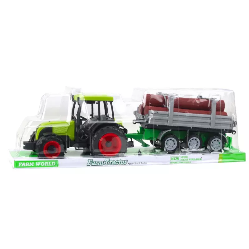 LEAN TOYS Trattore agricolo verde con rimorchio per tronchi 47cm