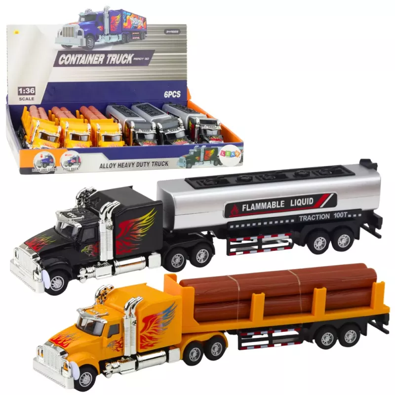LEAN TOYS Camion cisterna per trasporto legname con trazione pull-back, luci e suoni 1:36