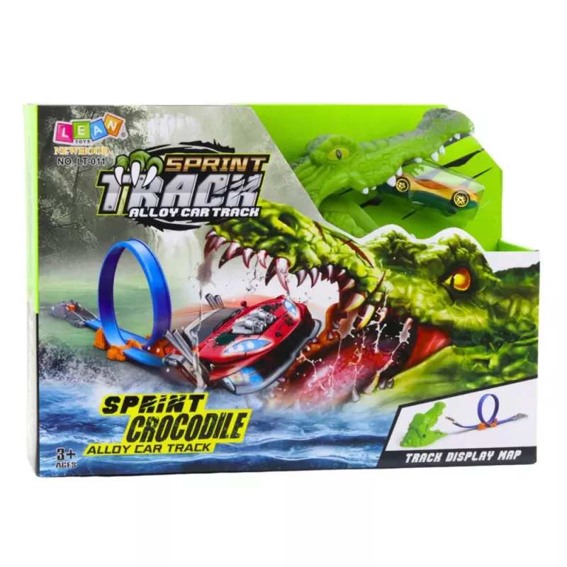 LEAN TOYS Pista per auto con lanciatore a catapulta coccodrillo