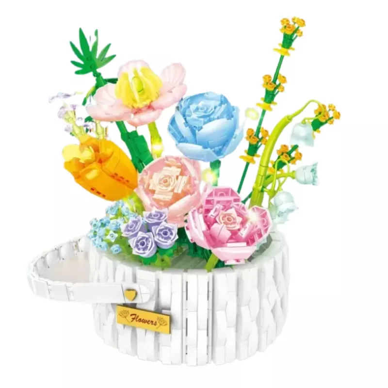 LEAN TOYS Mattoncini composizione floreale in cestino con luci LED 1376 pezzi