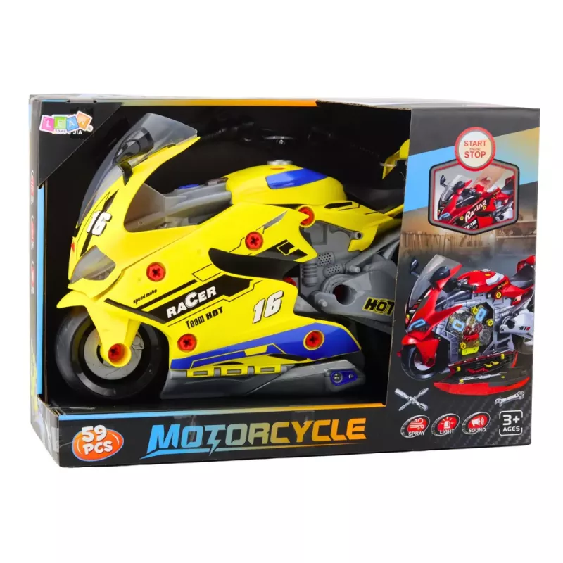LEAN TOYS Officina fai da te 2 in 1 con luci, suoni e fumo Moto Gialla 43 cm