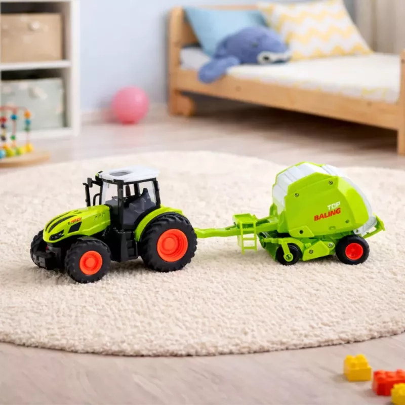 LEAN TOYS Trattore radiocomandato con pressa per balle, trattore agricolo 1:24