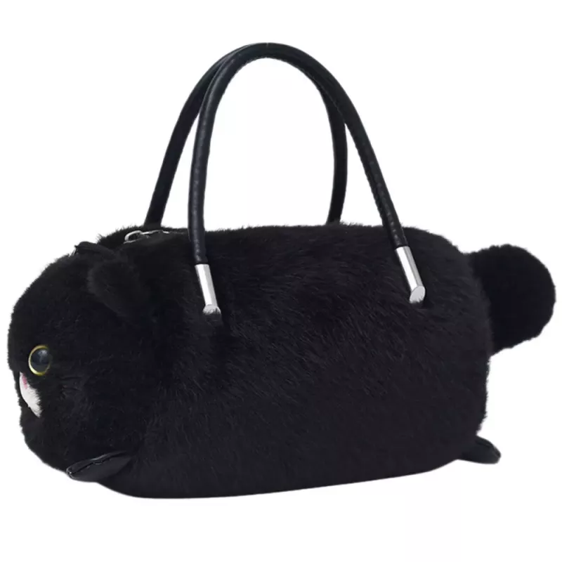 LEAN TOYS Borsa a forma di gatto in peluche con manici a catena, Nero
