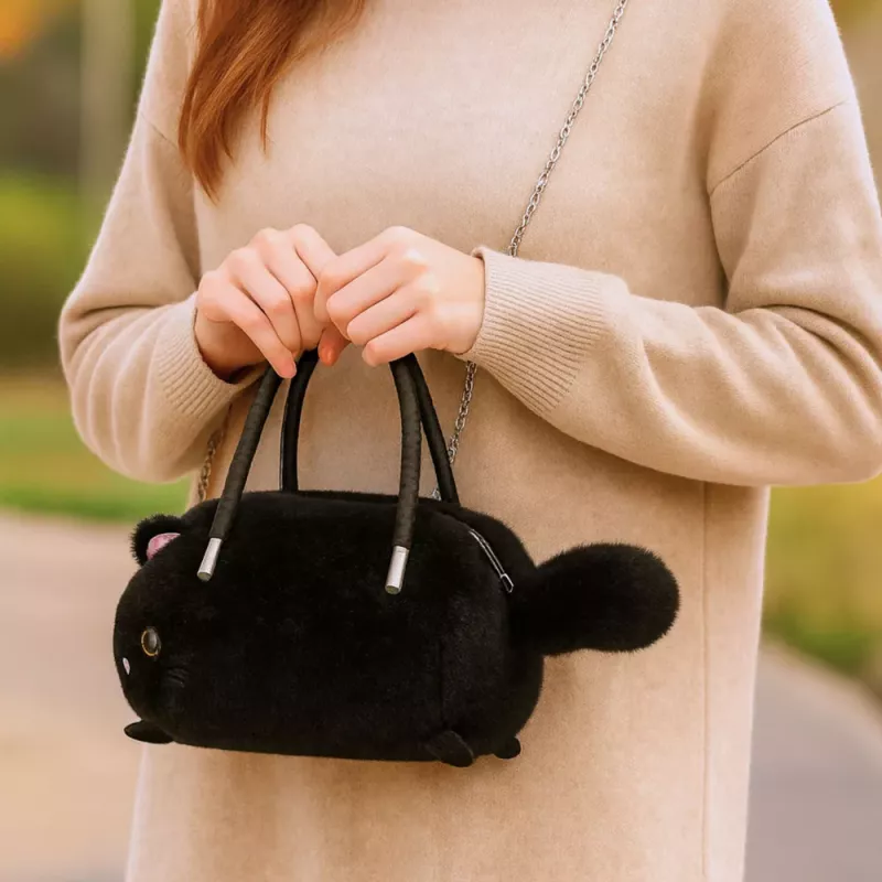 LEAN TOYS Borsa a forma di gatto in peluche con manici a catena, Nero