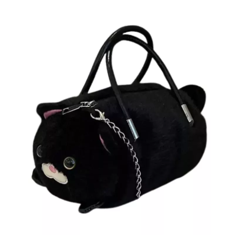 LEAN TOYS Borsa a forma di gatto in peluche con manici a catena, Nero