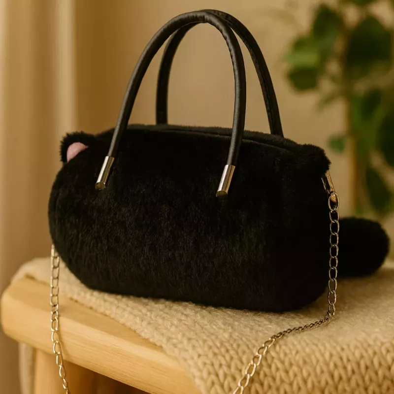 LEAN TOYS Borsa a forma di gatto in peluche con manici a catena, Nero