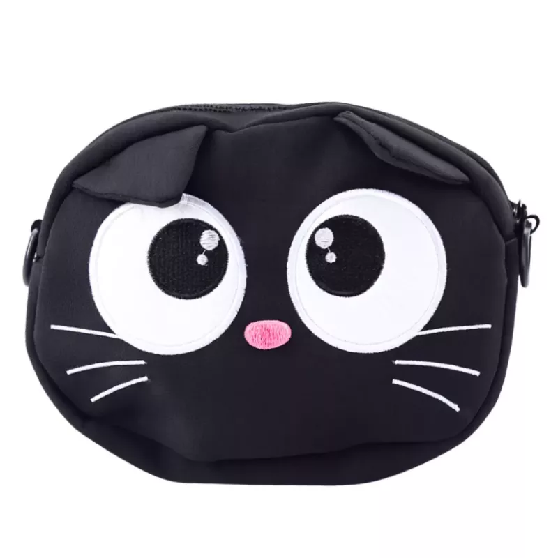 LEAN TOYS Borsa a pochette gatto con tasca con zip tracolla regolabile Nero 21 x 16 cm