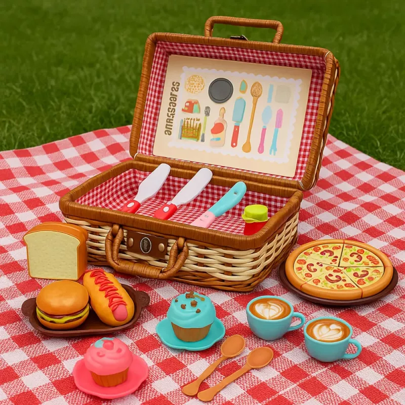 LEAN TOYS Set cestino da picnic accessori alimentari intrecciati 33 pezzi