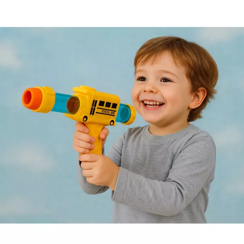 LEAN TOYS Pistola per palline in schiuma morbida scuolabus gialla 6 pz.