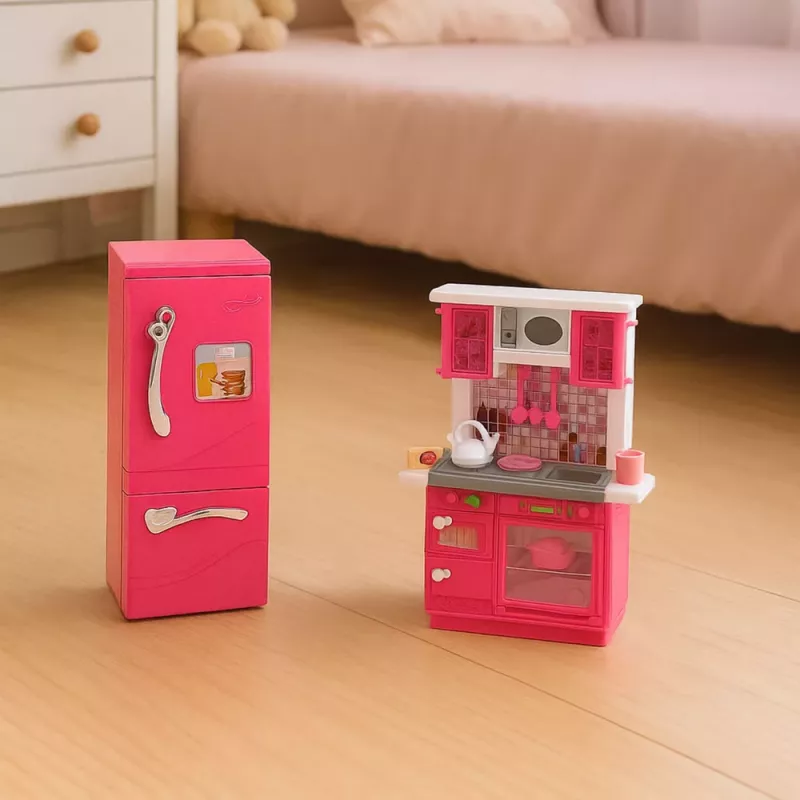 LEAN TOYS Set cucina per bambole con frigorifero, fornello e accessori, rosa