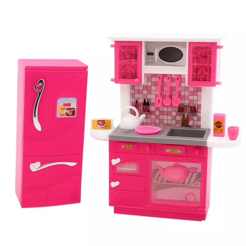 LEAN TOYS Set cucina per bambole con frigorifero, fornello e accessori, rosa