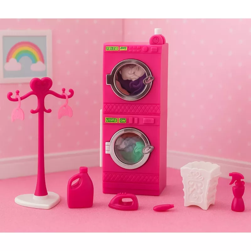 LEAN TOYS Set lavanderia per bambole lavatrice asciugatrice cesto per biancheria appendini rosa