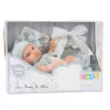 LEAN TOYS Bambola neonata, completo grigio, cappello, bavaglino, 18 cm