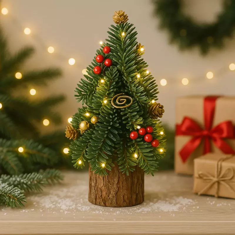 LEAN Albero di Natale decorativo su tronco con bacche rosse 26 x 12 cm