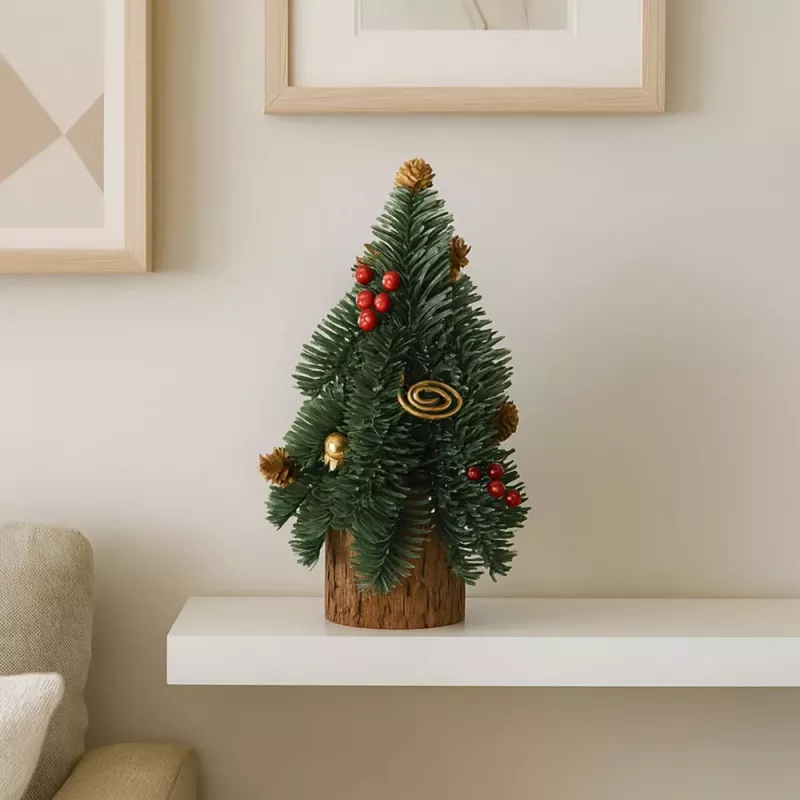 LEAN Albero di Natale decorativo su tronco con bacche rosse e pigne 38 x 15 cm