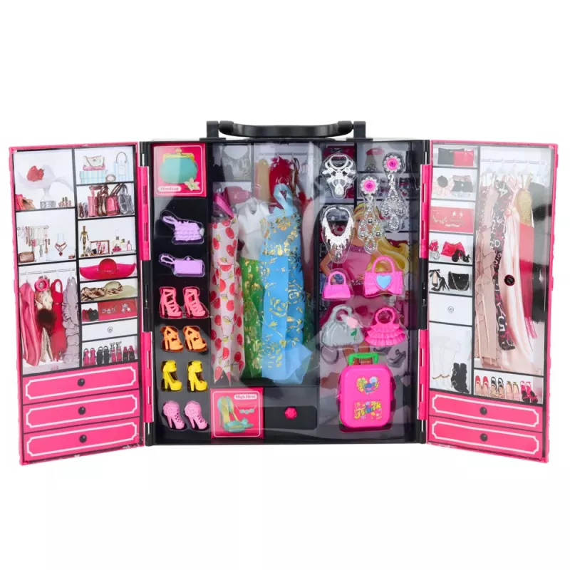 LEAN TOYS Set guardaroba rosa per bambole, vestiti, scarpe, accessori