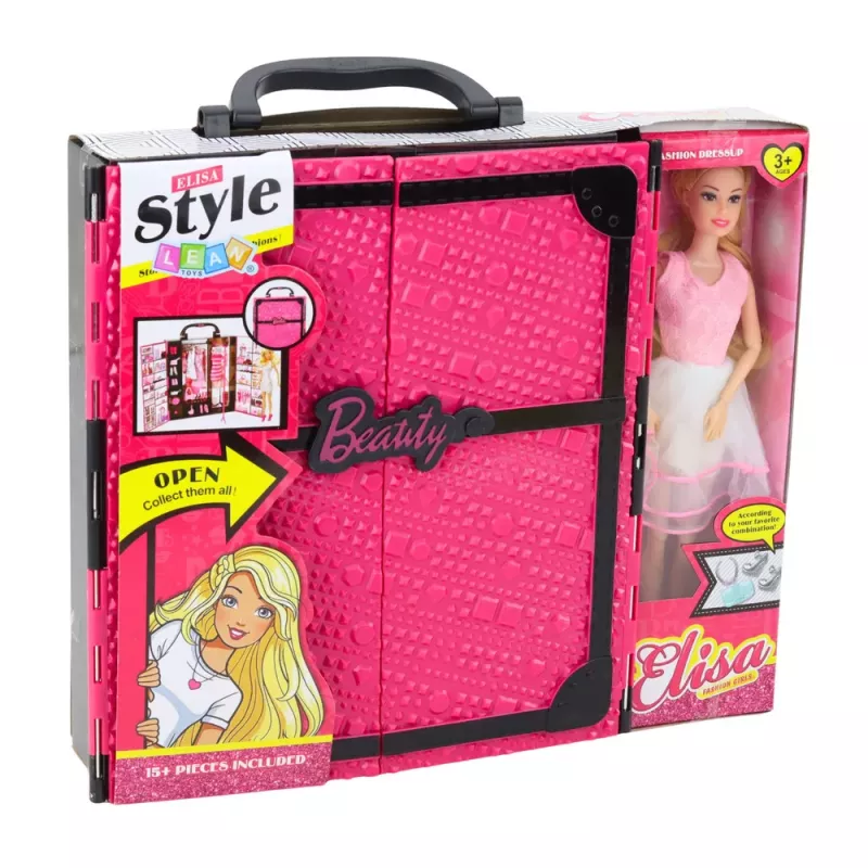 LEAN TOYS Set guardaroba rosa per bambole, vestiti, scarpe, accessori