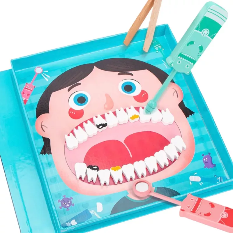 LEAN TOYS Set dentista in legno Libro magnetico Denti Strumenti