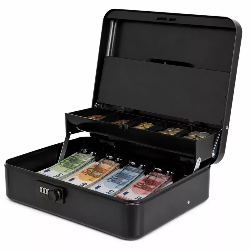 LEAN Cassaforte in metallo con codice per denaro, banconote, documenti, nera 30x24 cm
