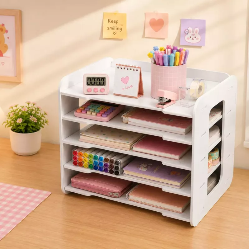 LEAN TOYS Organizer da scrivania in legno, ripiani per documenti A4, bianco