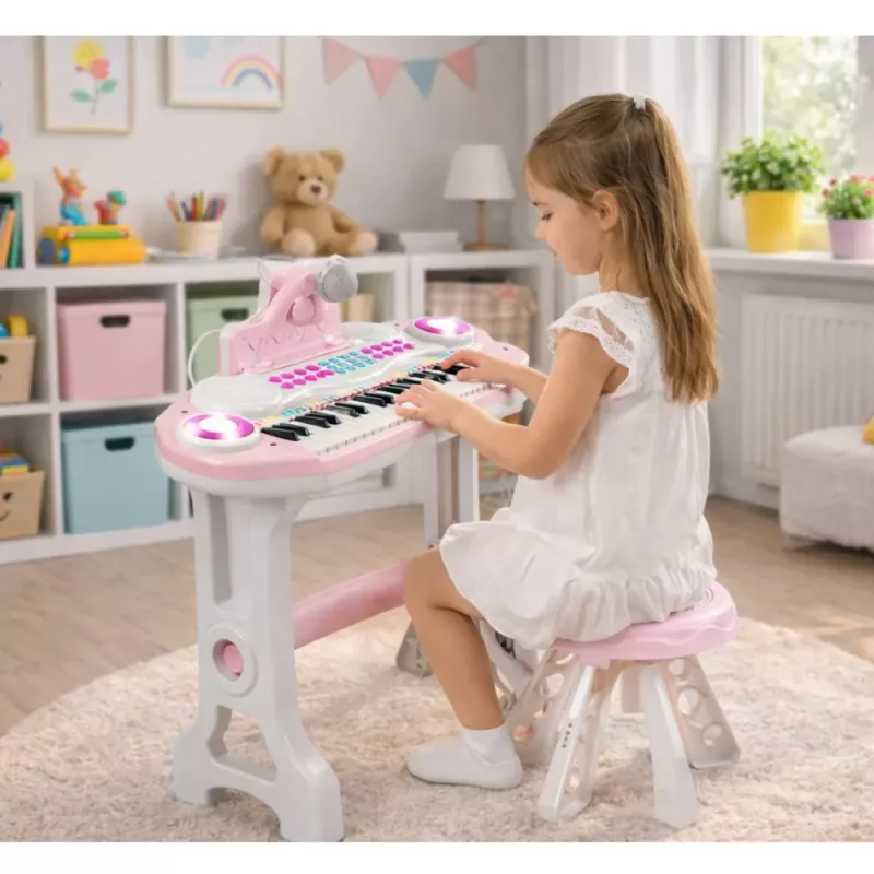 LEAN TOYS Pianoforte-Organo elettronico per bambini con sgabello, microfono, MP3 - rosa