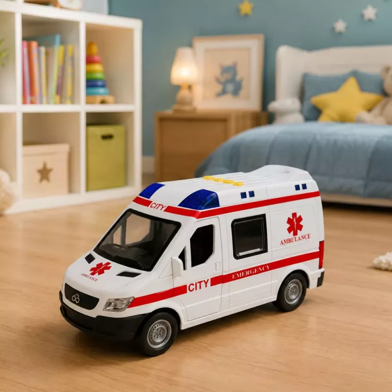 LEAN TOYS Ambulanza barella trazione luci suoni bianca 1:10