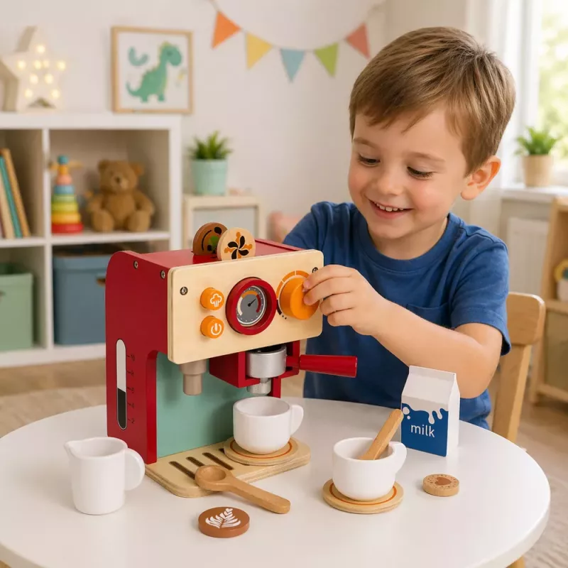 LEAN TOYS Set macchina da caffè in legno piccolo barista tazze accessori