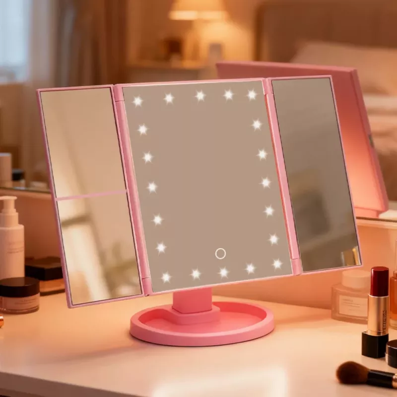 LEAN specchio cosmetico LED pieghevole ingrandente touch rotante rosa