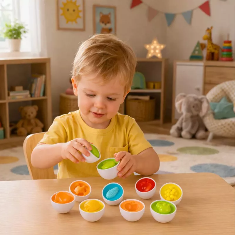 LEAN TOYS Gioco educativo ordinamento uova, abbinamento forme, frutti colorati, 12 pz.