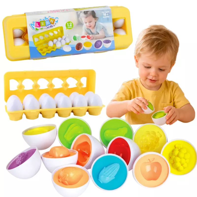 LEAN TOYS Gioco educativo ordinamento uova, abbinamento forme, frutti colorati, 12 pz.