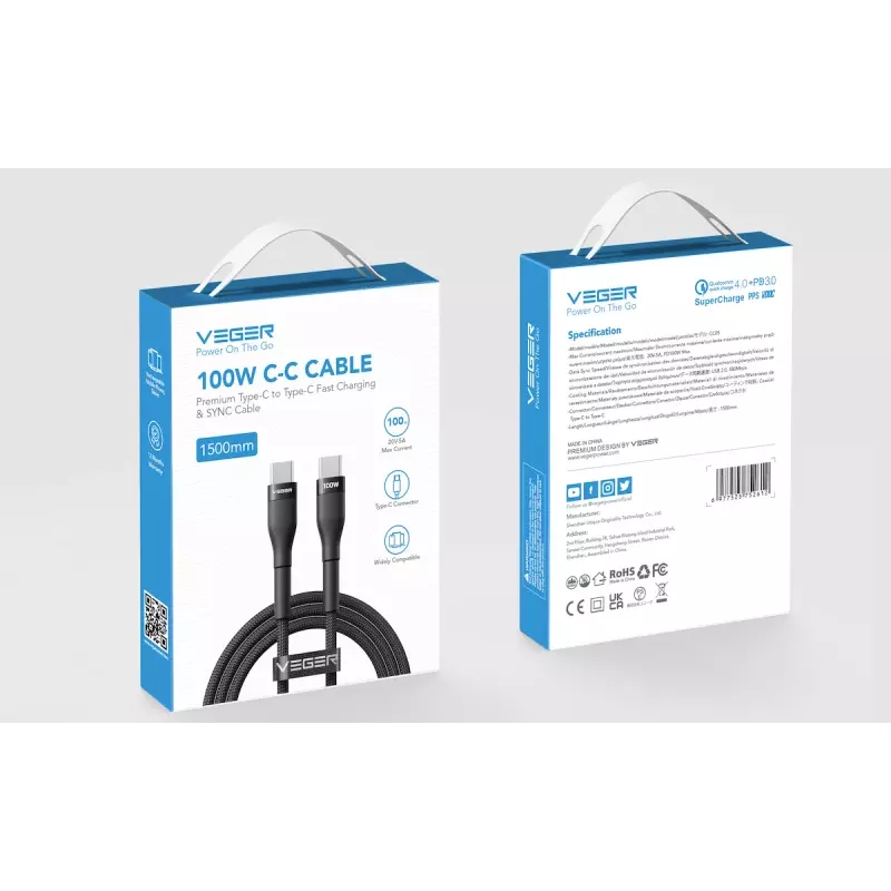 VEGER Cavo USB-C a USB-C PD 100W 1,5m, nero