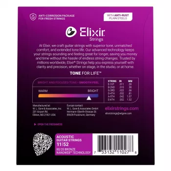 Corde per chitarra acustica Elixir Strings 11027 Custom Light NANOWEB (11-52)