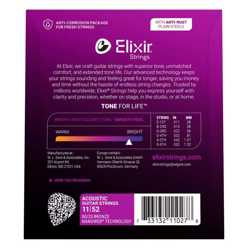 Corde per chitarra acustica Elixir Strings 11027 Custom Light NANOWEB (11-52)