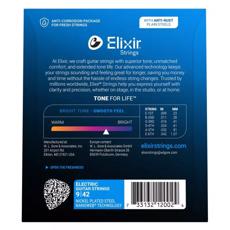 Corde per chitarra elettrica Elixir Strings 12002 Nanoweb, Super Light .009-.042, confezione da 6