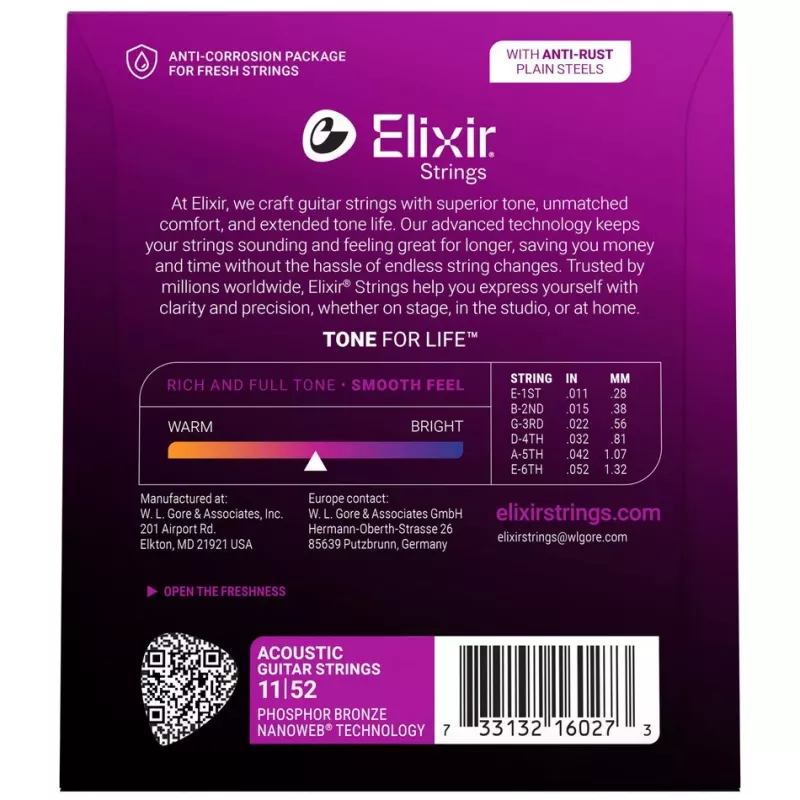 Corde per chitarra acustica Elixir Strings 16027 Phosphor Bronze Custom Light NANOWEB (11-52)