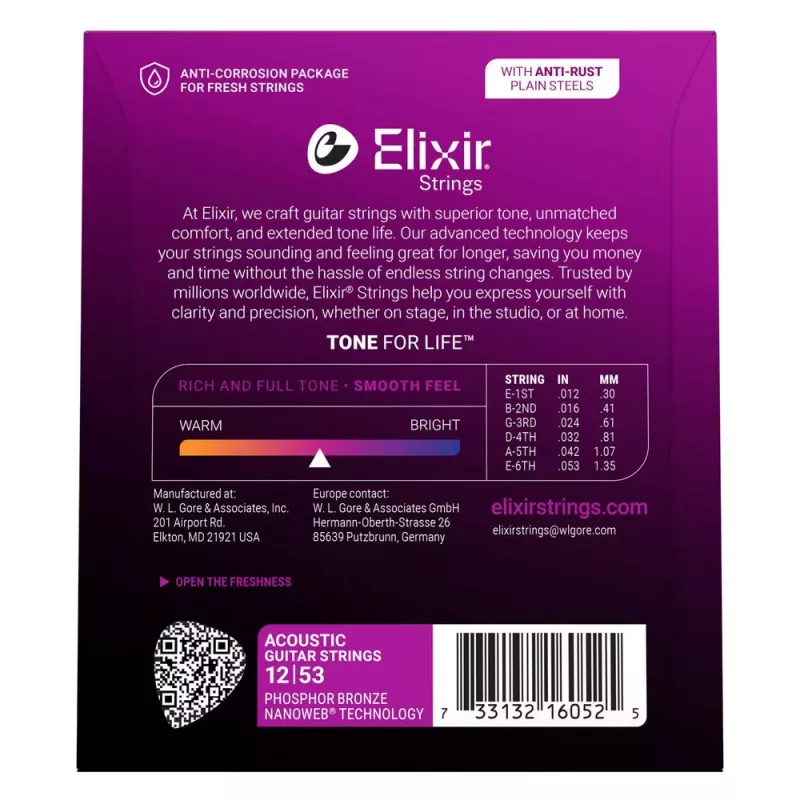Corde per chitarra acustica Elixir 16052 Phosphor Bronze Light NANOWEB (12-53)