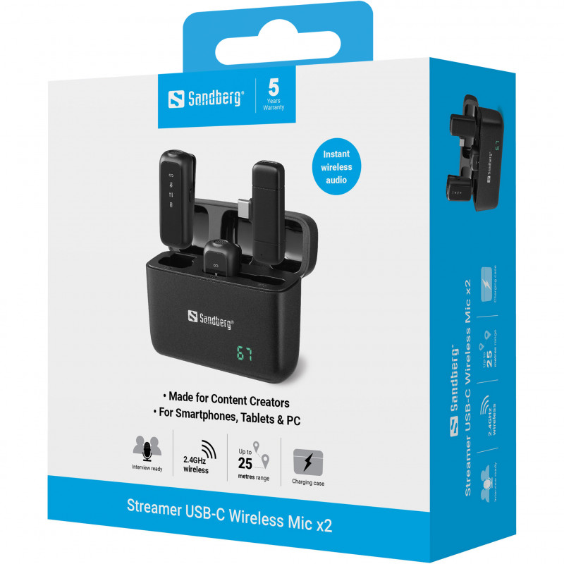 SANDBERG Streamer USB-C Wireless Mic x2 - Set doppio microfono - 20 Hz - 20 kHz