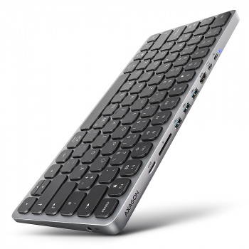 AXAGON HMC-KB-GE tastiera USB-C 5Gbps con hub 9-in-1, layout tedesco, HDMI 4K, Gigabit Ethernet, 100W PD, lettore di schede, nero