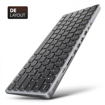 AXAGON HMC-KB-GE tastiera USB-C 5Gbps con hub 9-in-1, layout tedesco, HDMI 4K, Gigabit Ethernet, 100W PD, lettore di schede, nero