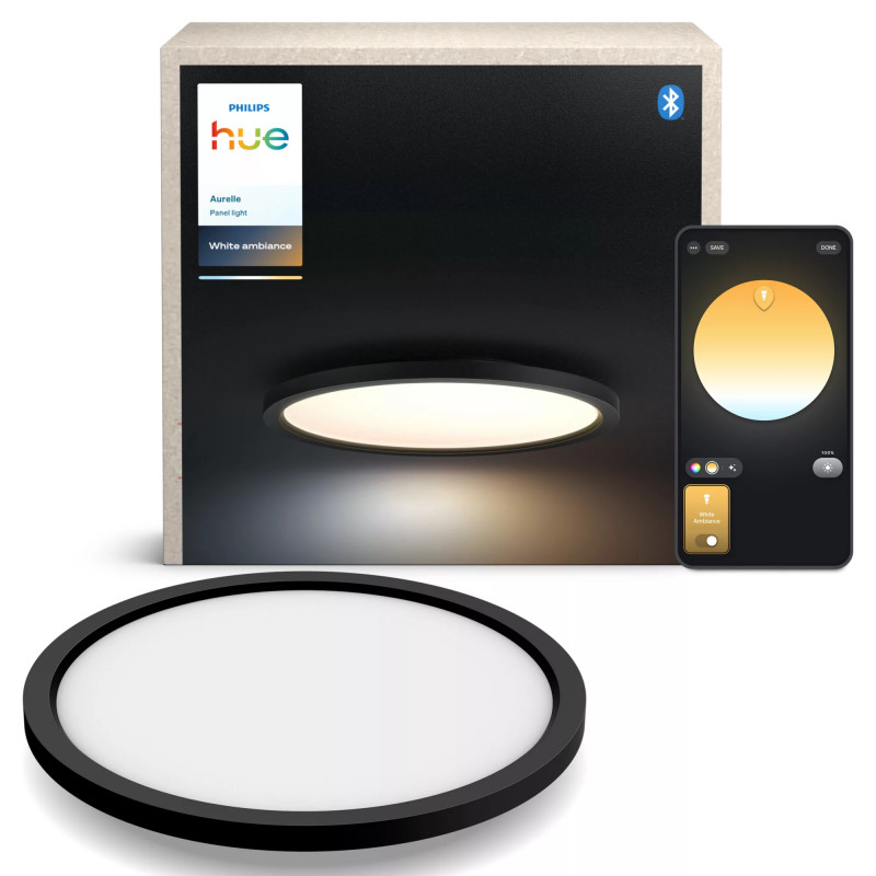 Philips Hue Aurelle plafoniera rotonda nera - lampada LED smart da soffitto, regolazione bianco, 2200 lm, Bluetooth & Zigbee