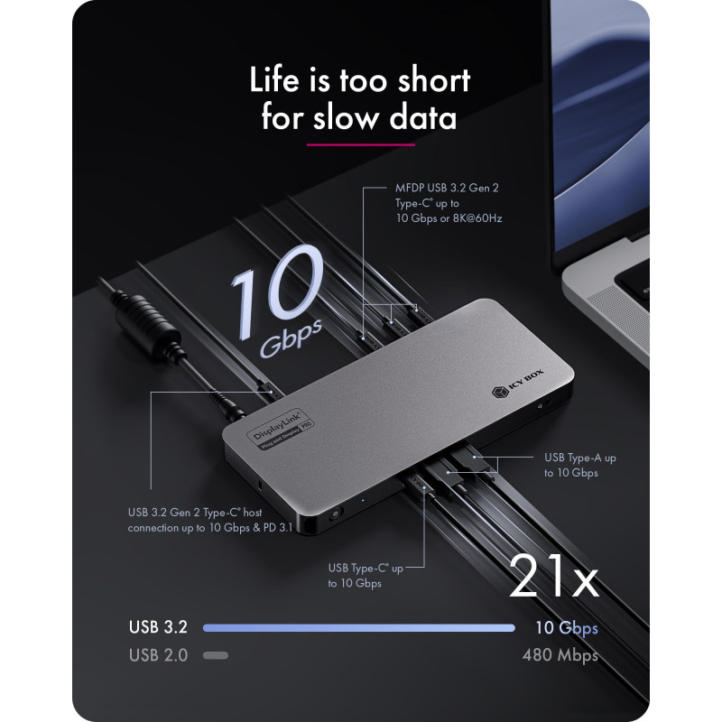 ICY BOX IB-DK7402-C31 Diamond Dock 12-in-1 docking station USB-C, 5x uscita video, 140 W PD, DisplayLink, antracite/nero