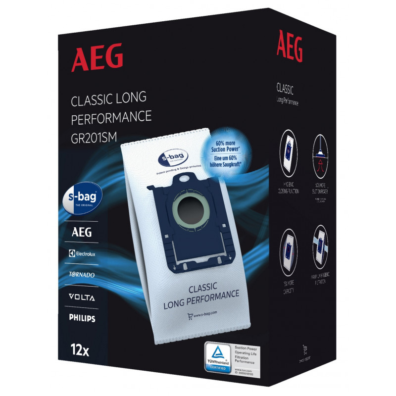 AEG GR201SM s-bag Classic Long Performance sacchetti per aspirapolvere, confezione da 8, blu/bianco, per VX4 Serie 900 168 824